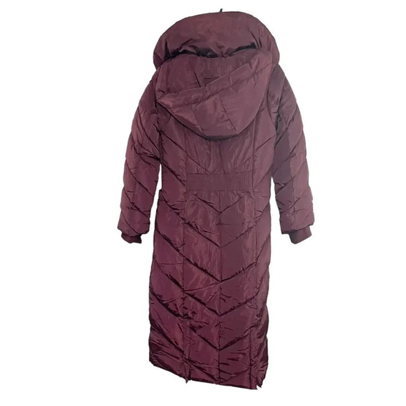 Steve Madden Merlot Long Puffer Coat Synthetic Removable Hood Women's XS NEW - Picture 2 of 13